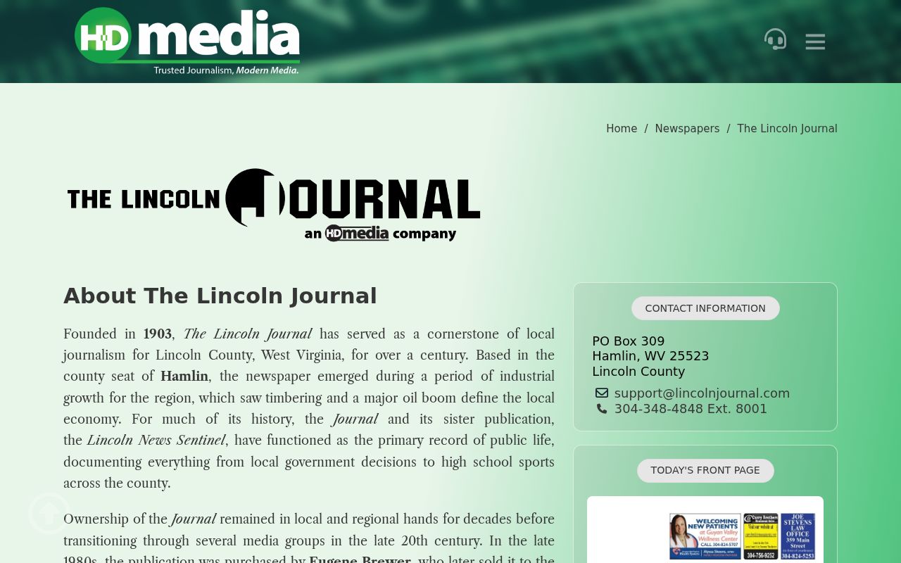 Lincoln County local news source page for the weekly Lincoln Journal
