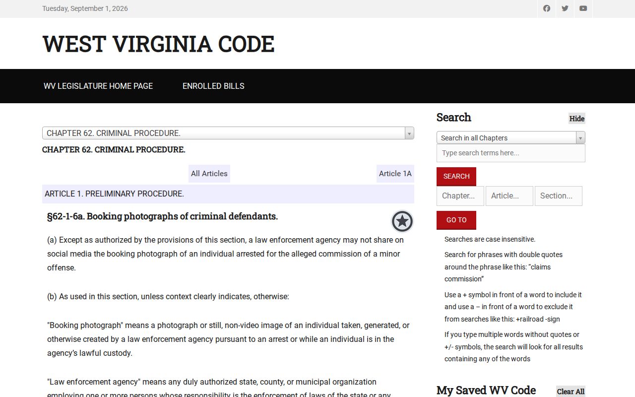 Lincoln County booking-record law under West Virginia Code section 62-1-6a